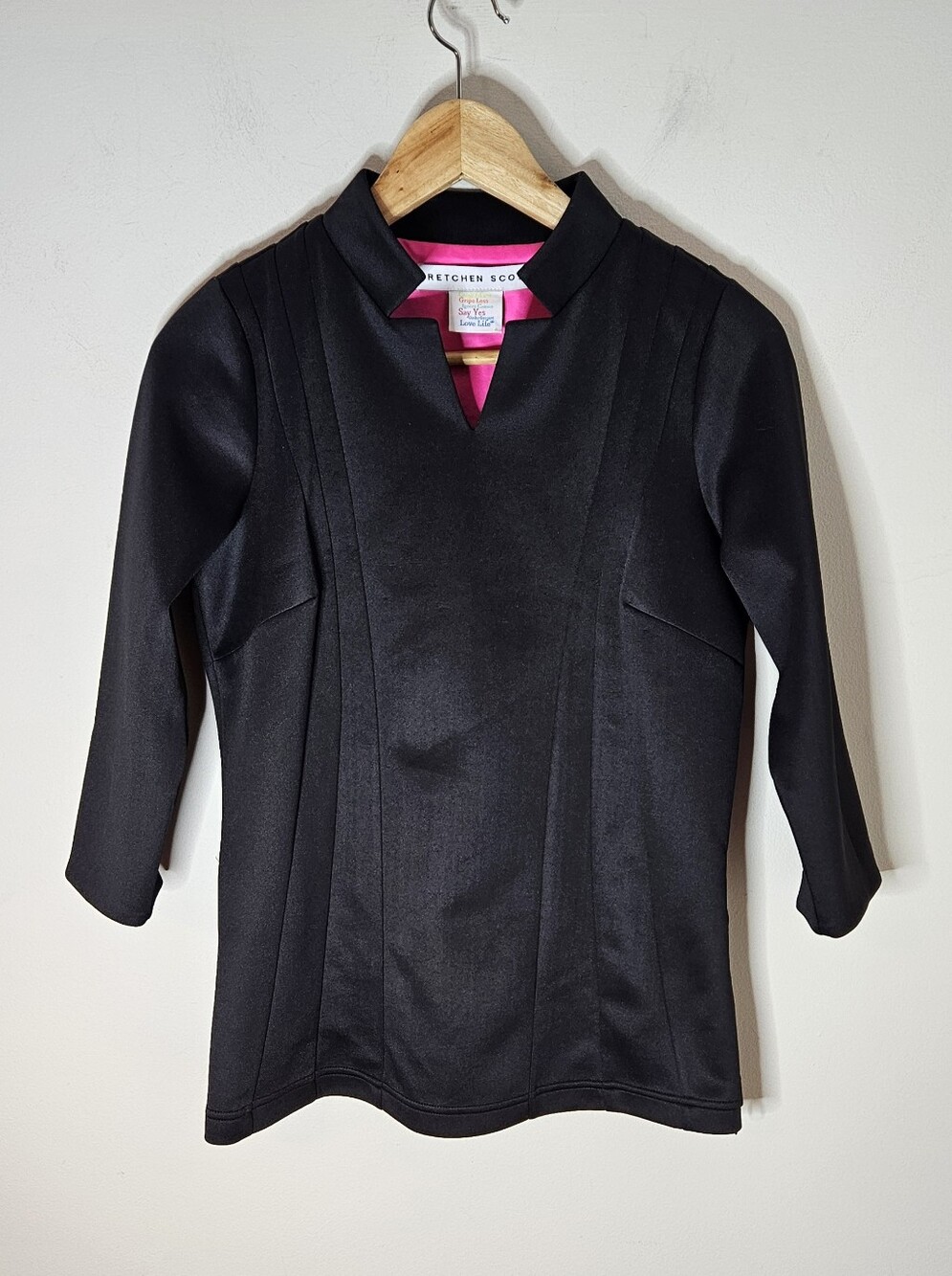 Gretchen Scott Notched Collar 3/4 Sleeve Tunic Black Women's S Small